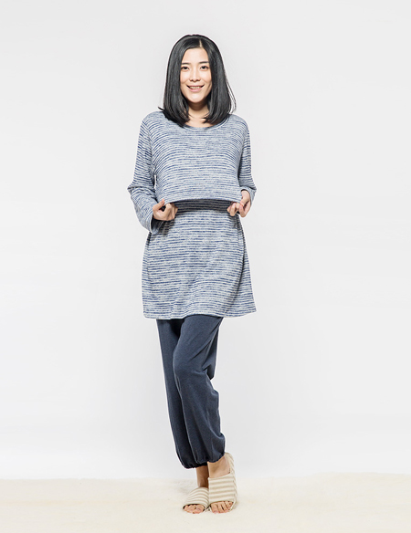 人棉彩條哺乳睡衣套